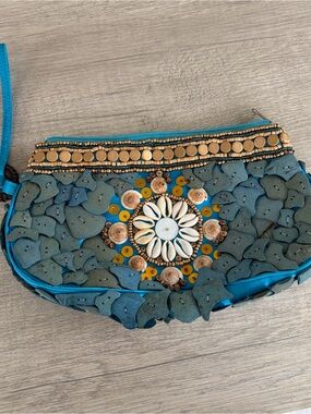 Shells & Wood Medley Clutch bag wristlet Boho Beach Ocean Blue Natural nautical